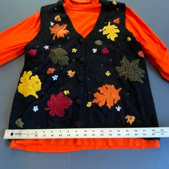 Ugly Halloween Vest Turtleneck Owl Leaf Orange Black Leaves Red Yellow Green - Picture 8 of 12